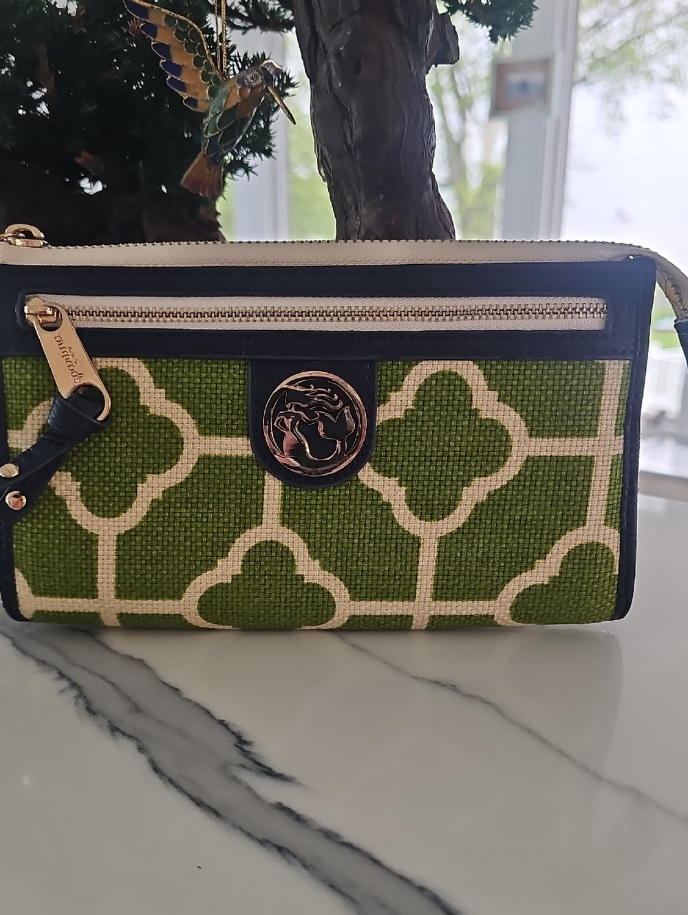 Spartina Green Patterned Wristlet Clutch with Gold Accents